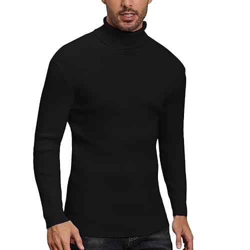 Yukiuiny Herren Strickpullover mit Rollkragen Gerippt Feinstrick Rolli Weich Stretch Langarm Sweatshirt Basic Pulli Slim Fit,Schwarz,3XL von Yukiuiny