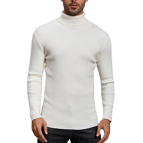 Yukiuiny Herren Strickpullover mit Rollkragen Gerippt Feinstrick Rolli Weich Stretch Langarm Sweatshirt Basic Pulli Slim Fit,Wollweiß,M von Yukiuiny