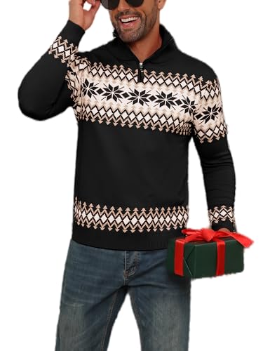 Yukiuiny Herren Weihnachtspullover Half Zip Norweger Strickpullover mit Stehkragen Weihnachtspulli Lustig Christmas Sweater schwarz,XXL von Yukiuiny
