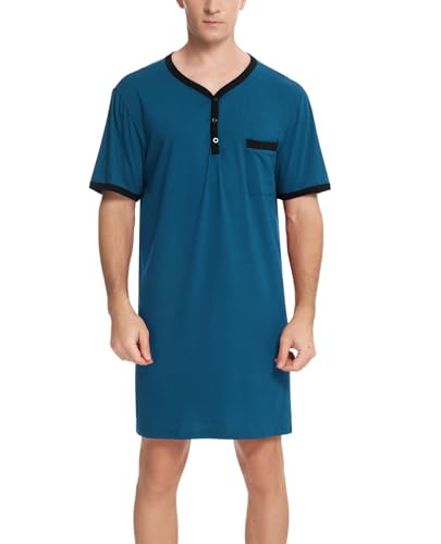 Yukiuiny Nachthemd Herren Kurzarm Baumwolle V Ausschnitt Jersey Schlafanzugoberteil mit Knopf Leicht Luftig Schlafshirt Blau,4XL von Yukiuiny