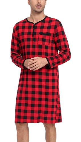 Yukiuiny Nachthemd Herren Langarm Kariertes Schlafhemd Langes Henley Schlafshirt Leicht Luftig Krankenhaushemd Rot Karo,L von Yukiuiny