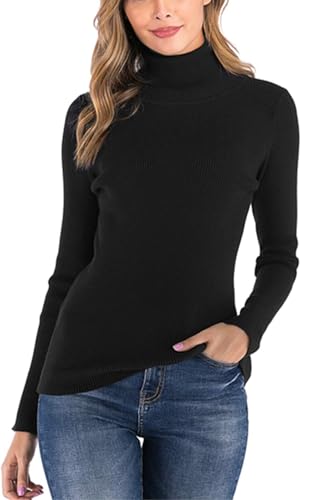 Yukiuiny Rollkragenpullover Elegant Langarm Strickpulli mit Feiner Rippen Kuscheliger Stretch Rolli Sweatshirt für Winter,Schwarz,XL von Yukiuiny