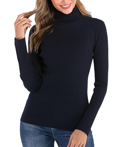 Yukiuiny Rollkragenpullover Gerippt Langarm Feinstrick Pullover Elegant Pulli mit Stehkragen Kuschelig Sweatshirt Rolli,Navy,S von Yukiuiny