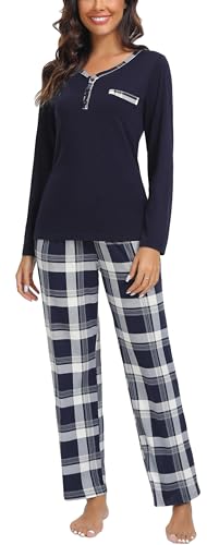 Yukiuiny Schlafanzug Damen Lang Baumwolle Pyjama Set Henley Langarmshirt Lange Karierte Pyjamahose Weich Nachtwäsche Navy, L von Yukiuiny