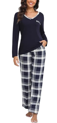 Yukiuiny Schlafanzug Damen Lang Baumwolle Pyjama Set V Ausschnitt Langarm Sleepshirt Lange Karierte Pyjamahose Navyblau, XL von Yukiuiny