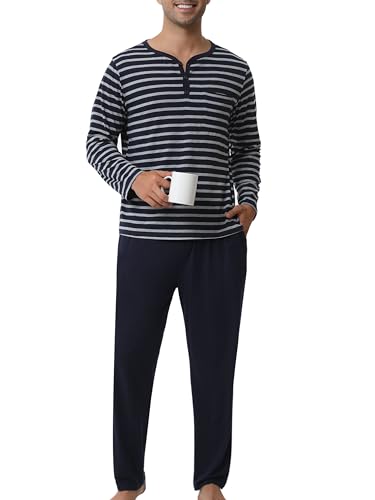 Yukiuiny Schlafanzug Herren Lang Baumwolle Langarm Pyjama Set Gestreift Schlafhsirt mit Knopfleiste Lange Pyjamahose Streifen-Navy, XXL von Yukiuiny