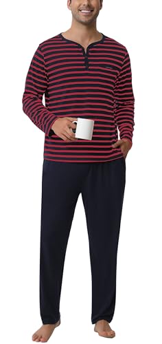Yukiuiny Schlafanzug Herren Lang Baumwolle Langarm Pyjama Set Gestreift Schlafhsirt mit Knopfleiste Lange Pyjamahose Streifen-rot, XXL von Yukiuiny
