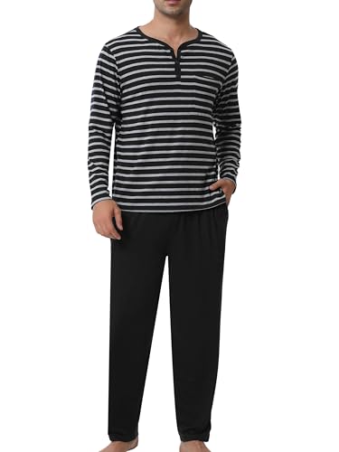 Yukiuiny Schlafanzug Herren Lang Baumwolle Langarm Pyjama Set Gestreift Schlafhsirt mit Knopfleiste Lange Pyjamahose Streifen-schwarz, XXL von Yukiuiny