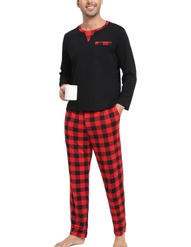 Yukiuiny Schlafanzug Herren Lang Baumwolle Zweiteiliger Pyjama Leicht Nachtwäsche Rundhals Langarm Hausanzug rot schwarz,XL von Yukiuiny