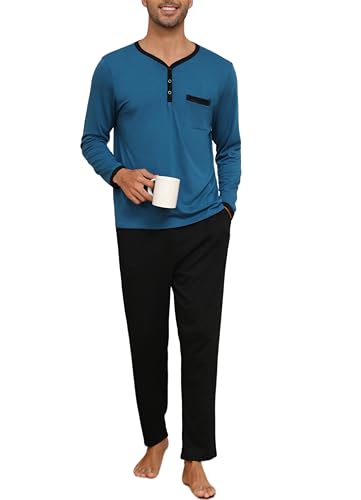 Yukiuiny Schlafanzug Herren Lang Baumwolle Zweiteiliger Pyjama Leicht Nachtwäsche V Ausschnitt Langarm Hausanzug blau, 3XL von Yukiuiny