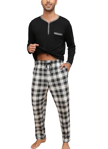 Yukiuiny Schlafanzug Herren Lang Baumwolle Zweiteiliger Pyjama Leicht Nachtwäsche V Ausschnitt Langarm Hausanzug schwarz, XL von Yukiuiny