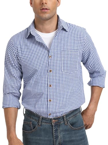 Yukiuiny Trachtenhemd Herren Langarm Baumwolle Oktoberfest Kariertes Holzfällerhemd Freizeithemd Leichtes Karohemd blau,XXL von Yukiuiny