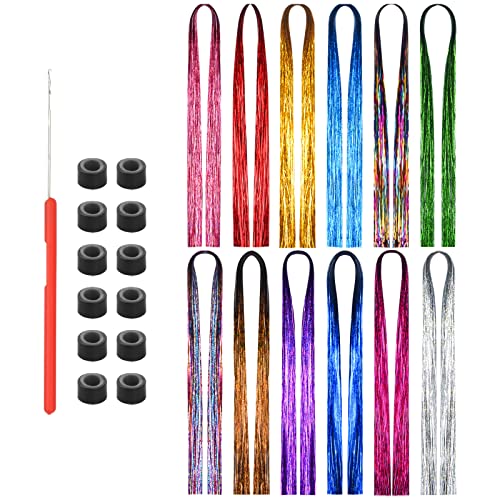 Haar Lametta Glitzer Haarsträhnen Hair Tinsel 12 Farben Glitzer Strähnen Haare Glitter Hair Extensions Kit Haarlametta Hairtinsel Glitzersträhnen für Haare Haar Glitzer für Frauen Mädchen 3360 Stränge von Yuknees