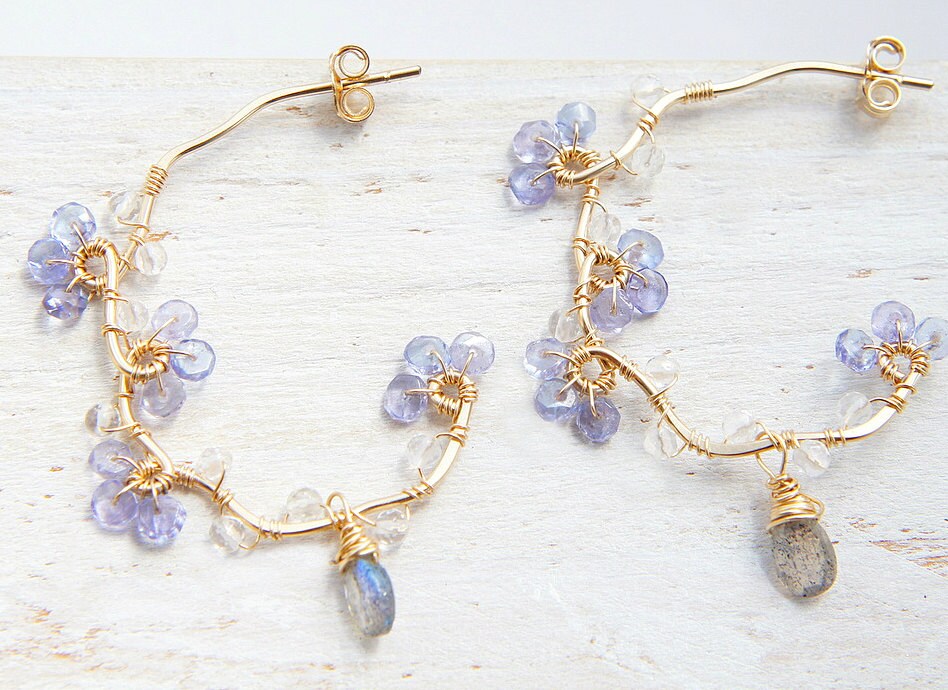 Tansanit & Quarz Ohrringe 14K Gold Filled Sterling Silber, Floral Draht Gewickelt von Yukojewelry