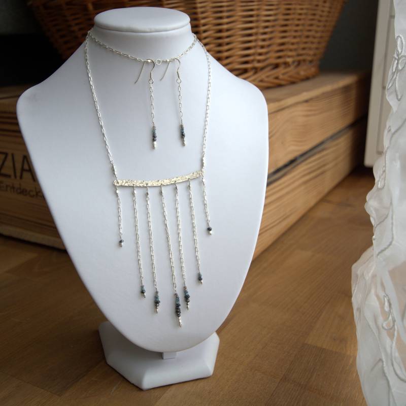 Genuine Blue, Black & Grey Diamond Jewelry Set, Wire Wrapped Natural Raw Diamond, April Birthstone Necklace, 925 Sterling Silver Genuine Blue, Black & Grey Diamond Jewelry Set, Wire Wrapped Natural Raw Diamond, April Birthstone Necklace, 925 Sterling Silver von Yulahu