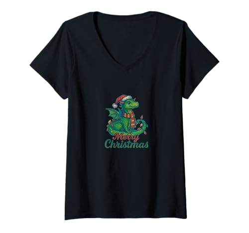 Damen Frohe Weihnachten Drache umgeben von festlicher Urlaubszauber T-Shirt mit V-Ausschnitt Damen Frohe Weihnachten Drache umgeben von festlicher Urlaubszauber T-Shirt mit V-Ausschnitt von Yuletide Scales Emporium