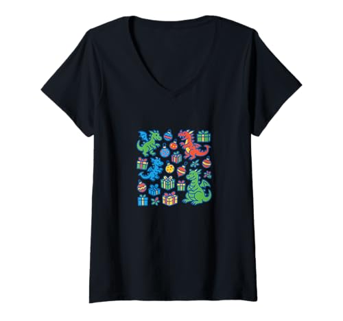 Damen Niedliche Weihnachtsdrachen umgeben von Geschenken T-Shirt mit V-Ausschnitt Damen Niedliche Weihnachtsdrachen umgeben von Geschenken T-Shirt mit V-Ausschnitt von Yuletide Scales Emporium