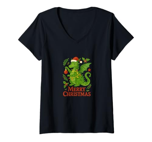 Damen Frohe Weihnachten Drache umgeben von festlicher Urlaubszauber T-Shirt mit V-Ausschnitt Damen Frohe Weihnachten Drache umgeben von festlicher Urlaubszauber T-Shirt mit V-Ausschnitt von Yuletide Scales Emporiums