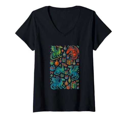 Damen Niedliche Weihnachtsdrachen umgeben von Geschenken T-Shirt mit V-Ausschnitt von Yuletide Scales Emporiums