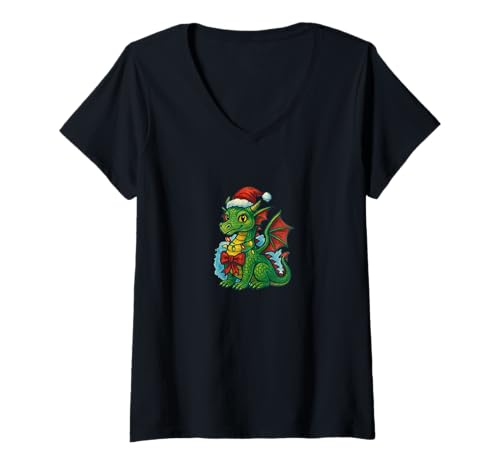 Damen Weihnachtsdrache umgeben von festlicher Urlaubszauber T-Shirt mit V-Ausschnitt Damen Weihnachtsdrache umgeben von festlicher Urlaubszauber T-Shirt mit V-Ausschnitt von Yuletides Scale Emporiums