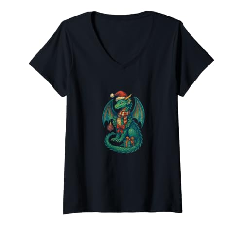 Damen Weihnachtsdrache umgeben von festlicher Urlaubszauber T-Shirt mit V-Ausschnitt Damen Weihnachtsdrache umgeben von festlicher Urlaubszauber T-Shirt mit V-Ausschnitt von Yuletides Scales Emporium