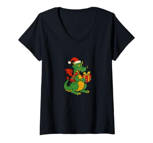 Damen Weihnachtsdrache umgeben von festlicher Urlaubszauber T-Shirt mit V-Ausschnitt Damen Weihnachtsdrache umgeben von festlicher Urlaubszauber T-Shirt mit V-Ausschnitt von Yuletides Scales Emporiums