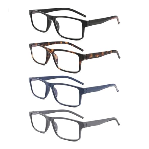 Yuluki 4er-Pack Lesebrille Blaulichtfilter Lesehilfe für Herren Damen Komfortable Rechteck Rahmen Brille Federscharnier +1.0 von Yuluki