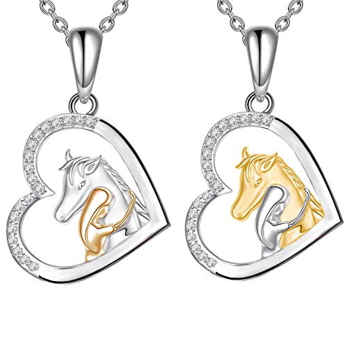Yuluzeln Pferdehalskette Geschenke für Mädchen Silber Liebe Herz Anhänger Schmuck für Ehefrau Mutter Tochter Enkelin Nichte 18"，Geburtstag Weihnachten Muttertagsgeschenk (2 Stück goldene Mädchen) von Yuluzeln