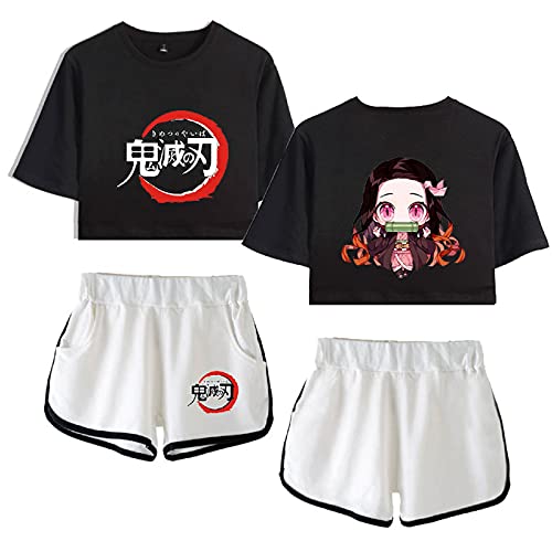 Yumenam Damen Anime Crop Top und Shorts 2 Stück Anzug Kamado Nezuko Gedruckt Sommer Kurzarm T-Shirts + Kurze Hose Pyjama-Set Trainingsanzüge Cosplay Outfits von Yumenam