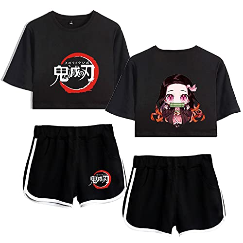 Yumenam Damen Anime Crop Top und Shorts 2 Stück Anzug Kamado Nezuko Gedruckt Sommer Kurzarm T-Shirts + Kurze Hose Pyjama-Set Trainingsanzüge Cosplay Outfits von Yumenam