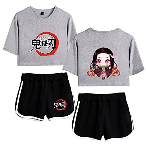 Yumenam Damen Anime Crop Top und Shorts 2 Stück Anzug Kamado Nezuko Gedruckt Sommer Kurzarm T-Shirts + Kurze Hose Pyjama-Set Trainingsanzüge Cosplay Outfits von Yumenam