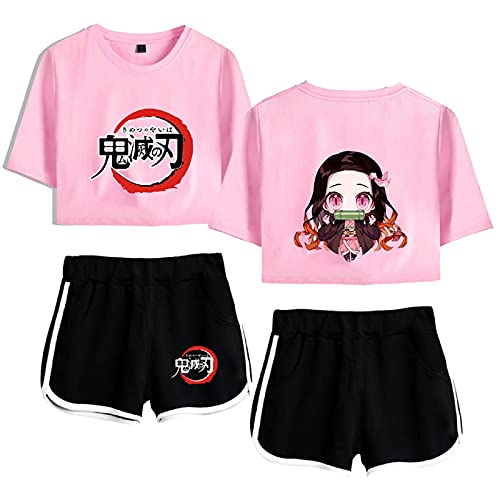 Yumenam Damen Anime Crop Top und Shorts 2 Stück Anzug Kamado Nezuko Gedruckt Sommer Kurzarm T-Shirts + Kurze Hose Pyjama-Set Trainingsanzüge Cosplay Outfits von Yumenam