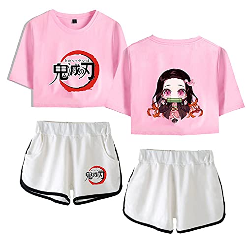 Yumenam Damen Anime Crop Top und Shorts 2 Stück Anzug Kamado Nezuko Gedruckt Sommer Kurzarm T-Shirts + Kurze Hose Pyjama-Set Trainingsanzüge Cosplay Outfits von Yumenam