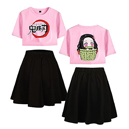 Yumenam Damen Crop Top und Rock 2 Stück Anzug Kamado Nezuko Gedruckt Sommer Kurzarm T-Shirts + Rock Pyjama-Set Trainingsanzüge Cosplay Outfits für Anime Fans von Yumenam