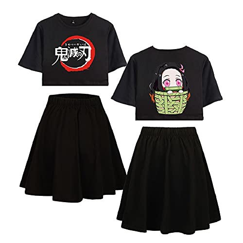 Yumenam Damen Crop Top und Rock 2 Stück Anzug Kamado Nezuko Gedruckt Sommer Kurzarm T-Shirts + Rock Pyjama-Set Trainingsanzüge Cosplay Outfits für Anime Fans von Yumenam