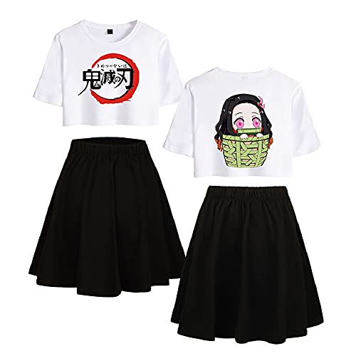 Yumenam Damen Crop Top und Rock 2 Stück Anzug Kamado Nezuko Gedruckt Sommer Kurzarm T-Shirts + Rock Pyjama-Set Trainingsanzüge Cosplay Outfits für Anime Fans von Yumenam