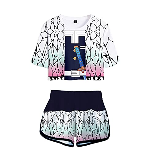 Yumenam Damen Demon Slayer Anime 3D Drucken Crop Top und Shorts 2 Stück Cosplay Outfits Sommer Kurzarm T-Shirts Shorts Trainingsanzüge Sportanzug Pyjama-Set von Yumenam