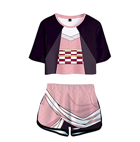 Yumenam Damen Demon Slayer Anime 3D Drucken Crop Top und Shorts 2 Stück Cosplay Outfits Sommer Kurzarm T-Shirts Shorts Trainingsanzüge Sportanzug Pyjama-Set von Yumenam