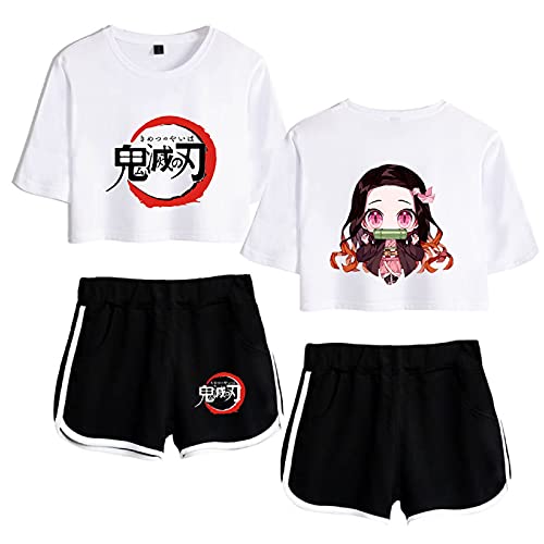 Yumenam Damen Anime Crop Top und Shorts 2 Stück Anzug Kamado Nezuko Gedruckt Sommer Kurzarm T-Shirts + Kurze Hose Pyjama-Set Trainingsanzüge Cosplay Outfits von Yumenam