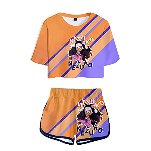 Yumenam Damen Demon Slayer Crop Top und Shorts 2 Stück Anzug Pyjama Set TANJIRO NEZUKO INOSUKE 3D Gedruckt Kurzarm T-Shirts Shorts Sommer Cosplay Outfits Sportanzug von Yumenam