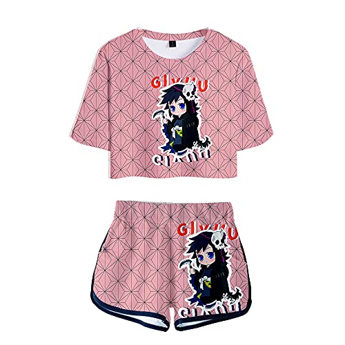 Yumenam Damen Demon Slayer Crop Top und Shorts 2 Stück Anzug Pyjama Set TANJIRO NEZUKO INOSUKE 3D Gedruckt Kurzarm T-Shirts Shorts Sommer Cosplay Outfits Sportanzug von Yumenam