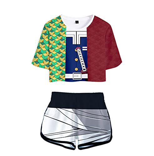 Yumenam Damen Demon Slayer Crop Top und Shorts 2 Stück Anzug Pyjama Set TANJIRO NEZUKO INOSUKE 3D Gedruckt Kurzarm T-Shirts Shorts Sommer Cosplay Outfits Sportanzug von Yumenam