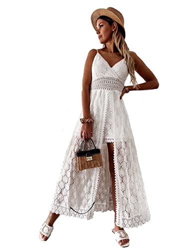 Yumenam Damen Sommer Spitze Jumpsuit Slip Faltenbesatz Maxikleid V Ausschnitt Spaghetti Träger Ärmellos Rückenfreies Kleid Playsuit Boho Strandkleid Sommerkleid Elegante Cocktail Party Kleid von Yumenam
