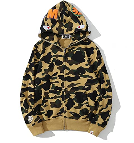Yumenam Herren Shark Hoodie Hip Hop Kapuzenpullover Mit Reißverschluss Langarm Sweatshirt mit Haifisch Druck Shark Head Reißverschluss Camouflage Jacken Sweatjacke von Yumenam
