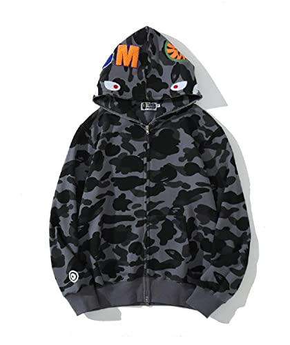 Yumenam Herren Shark Hoodie Hip Hop Kapuzenpullover Mit Reißverschluss Langarm Sweatshirt mit Haifisch Druck Shark Head Reißverschluss Camouflage Jacken Sweatjacke von Yumenam