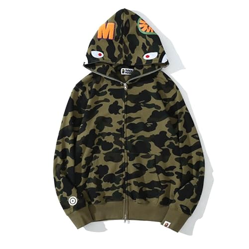 Yumenam Herren Shark Hoodie Hip Hop Kapuzenpullover Mit Reißverschluss Langarm Sweatshirt mit Haifisch Druck Shark Head Reißverschluss Camouflage Jacken Sweatjacke von Yumenam