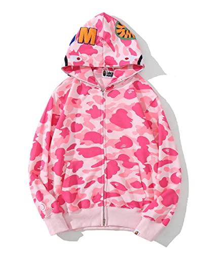 Yumenam Herren Shark Hoodie Hip Hop Kapuzenpullover Mit Reißverschluss Langarm Sweatshirt mit Haifisch Druck Shark Head Reißverschluss Camouflage Jacken Sweatjacke von Yumenam