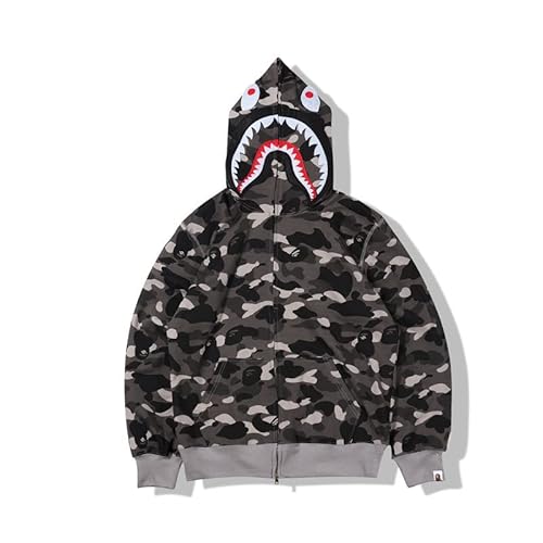 Yumenam Herren Shark Hoodie Hip Hop Kapuzenpullover Mit Reißverschluss Langarm Sweatshirt mit Haifisch Druck Shark Head Reißverschluss Camouflage Jacken Sweatjacke von Yumenam