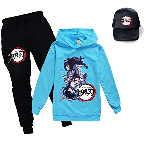 Yumenam Kinder Hoodie + Jogginghose + Baseball Kappe 3pcs Trainingsanzug Anzug Tanjirou Nezuko Gedruckt Kapuzenpullover und Hose Halloween Cosplay Kostüm für Demon Slayer Anime Mädchen Jungen von Yumenam