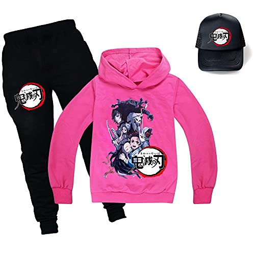 Yumenam Kinder Hoodie + Jogginghose + Baseball Kappe 3pcs Trainingsanzug Anzug Tanjirou Nezuko Gedruckt Kapuzenpullover und Hose Halloween Cosplay Kostüm für Demon Slayer Anime Mädchen Jungen von Yumenam